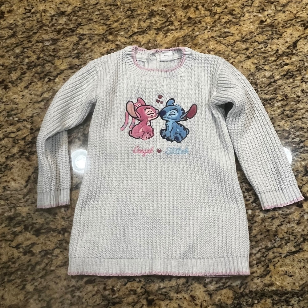 Disney Primark Stitch and Angel‎ Chenille Sweater Dress Gray Pink 18-24 Months